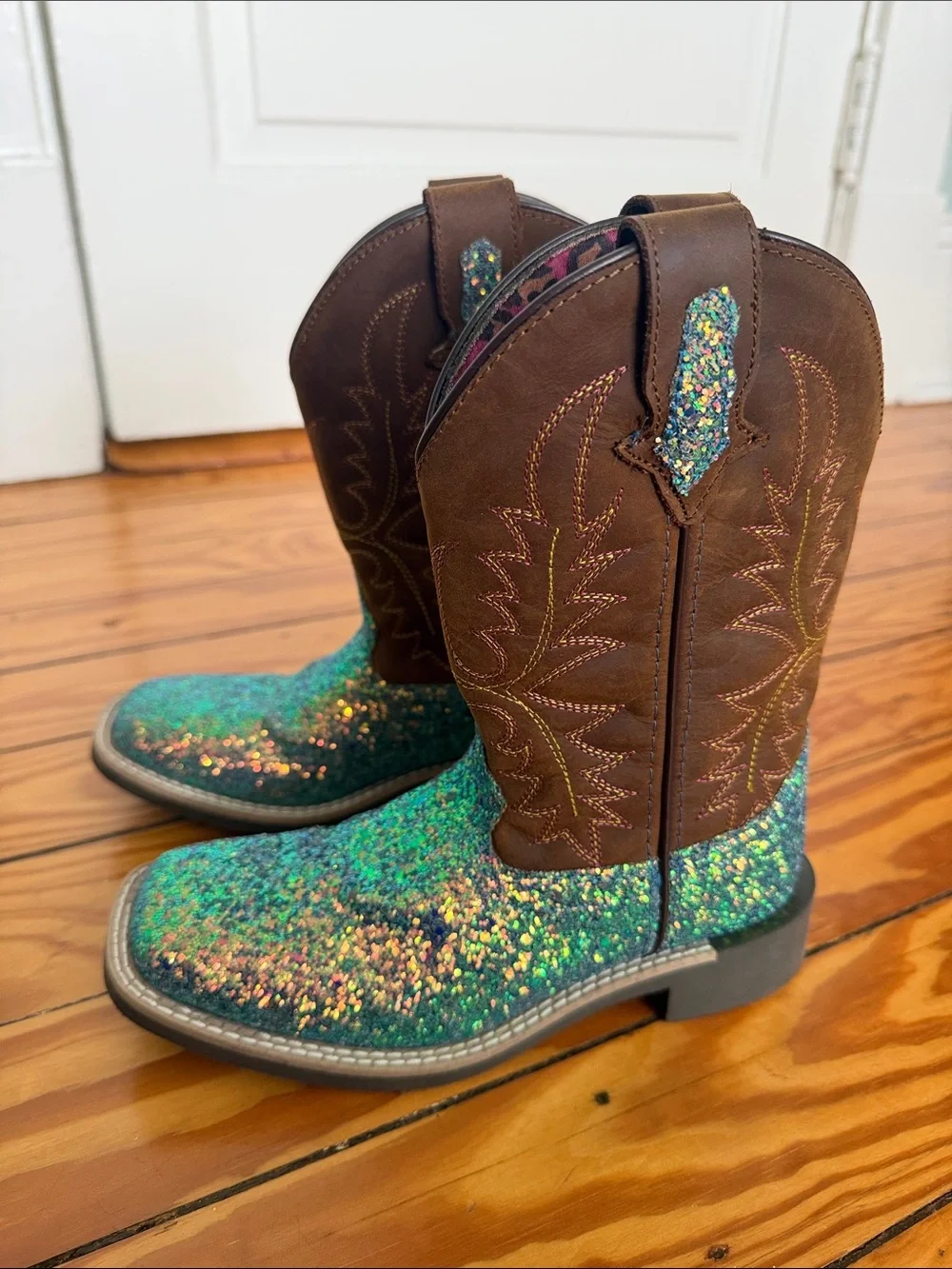 Kids Brown Leather & Teal Glitter Western Boots